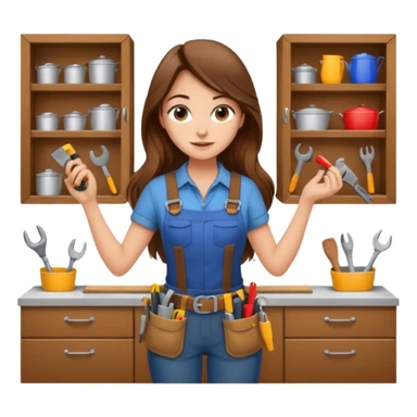 beautiful girl with long brown hair constructing new kitchen cabinets sticker
