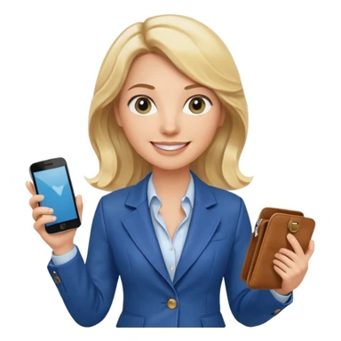 Confident and outgoing female entrepreneur, Caucasian features, medium-length wavy blonde hair, big friendly smile, expressive eyes, wearing a fitted blue blazer over a light blouse, holding a smartphone in one hand and a leather handbag in the other, waist-up, front-facing sticker