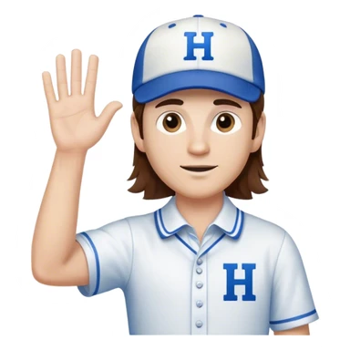White Man with mid-length brown hair wearing blue baseball hat with the letter H on it. Hand waving. He is wearing a collared white dress shirt with nothing on it.  There should be no H on the shirt.  sticker