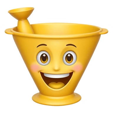 Crazy laughing emoji on upside-down kitchen funnel on its head (not a hat), wide smile, big eyes, cartoon emoji style, bright colors. sticker