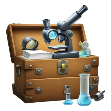 toolbox for scientist with a book, glasses, microscope sticker
