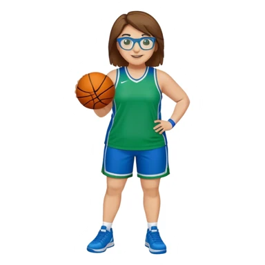 Full Body plus size white female basketball player with short medium brown hair with carmel highlights spike hair wearing blue glasses 
 wide nose wearing blue green uniform  green sneakers smiling  sticker