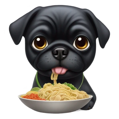 Black pug eating Chinese food sticker