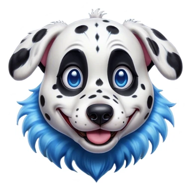 Cinematic Comical Harlequin Dalmatian Portrait Emoji, Head tilted dramatically with an exaggeratedly shocked or amused expression, featuring a striking Fur of predominantly white with vivid black patches, wide, expressive blue eyes filled with playful disbelief, Simplified yet hilariously expressive features, highly detailed, glowing with a slightly sassy glow, high shine, dramatic yet playful, stylized with an air of cheeky charm, bright and endearing, soft glowing outline, capturing the essence of a spirited and over-the-top guardian, so meme-worthy it feels like it could side-eye its way into internet fame instantly! sticker