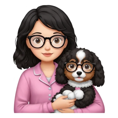 soft wavy black haired girl wearing black framed glasses in a pink pjs while holding her fluffy dog sticker