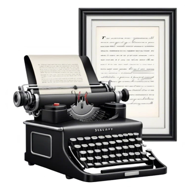 Create an emoji representing screenwriting. The design should feature an open script with visible dialogue and action lines, symbolizing the writing of a screenplay. Include a classic typewriter or a modern writing device, such as a laptop, to signify the process of creating a script. Add a cinema camera next to the script to emphasize the cinematic aspect of screenwriting. Use a professional color palette with black, white, and subtle metallic tones. Do not include any emojis or smiley faces. Make the background transparent. sticker