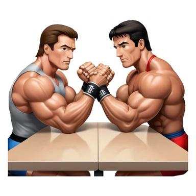 Arnold Schwarzenegger VS Sylvester Stallone from 'Over the Top,' locked in an arm wrestling battle, using only their right hands. Their left hands rest on the table. Both display immense strength, with muscular arms flexing, under bright competition lights. Transparent background. sticker