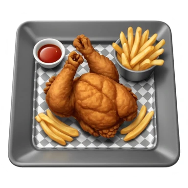 Fried chicken with fries in a grey rectangle plate with paper black and white  sticker