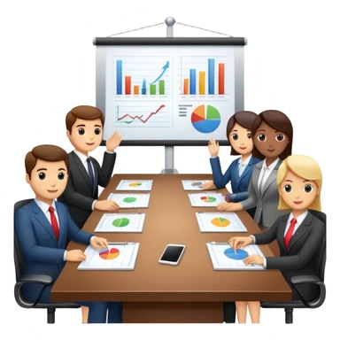 boardroom meeting with people presenting charts on a large table sticker
