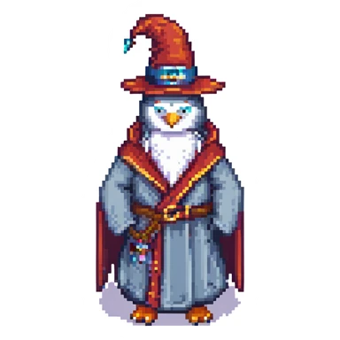 penguin wizard with a long beard and robe, pixel art style sticker