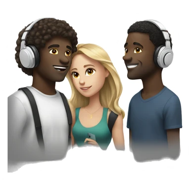 2 black guys and 1 white girl with headphones listening to music  sticker