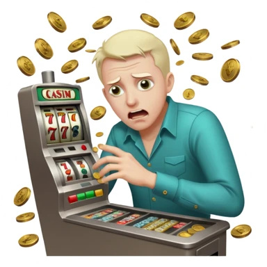 crazed man frantically scraping a casino slot machine, losing all his money, wild expression, coins spilling out sticker
