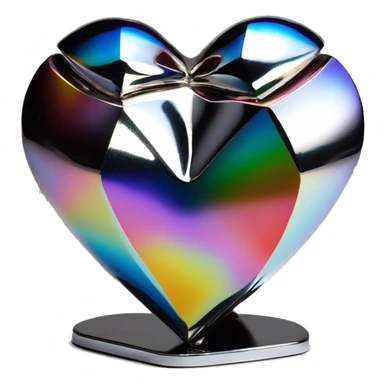 symbolic heart chrome sculpture symbolizing chromatic light with a geometric, faceted design. The heart is standing upright with angular and baroque features. The vibrant rainbow of colors highlights the sharp edges and planes.  sticker