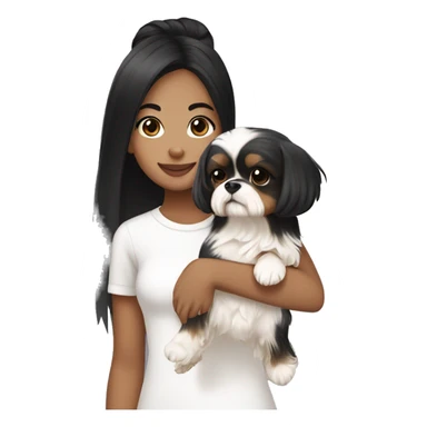 Black hair Asian girl wearing white and holding a Yorkie Shih Tzu puppy black and beige￼ sticker