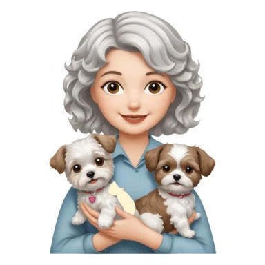 silver, short, wavy-haired with loose curls, smiling pretty lady holding a westie terrier dog and a shih tzu dog sticker