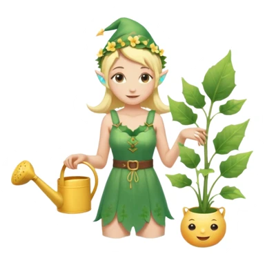 elf female tending to glowing beach plants, floral sundress, watering can or magic light, pointy ears, gentle smile, centered emoji, pastel magic sticker