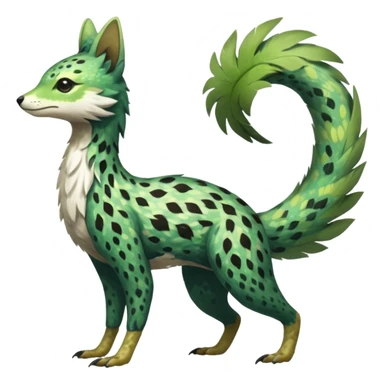  Feathery speckled flecked Japanese oriental asian painted Greenish beautiful handsome gorgeous aesthetic colorful vibrant Vernid-Trico-species-Fakemon-creature by LiLaiRa, 4 legs, 1 tail, random markings, (full body) sticker