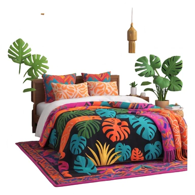 modern boho bedroom with monstera plants, colorful textured rugs, and piles of cozy blankets sticker