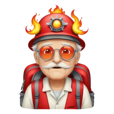 Old man wearing flaming glasses, a propeller hat, and a red backpack sticker