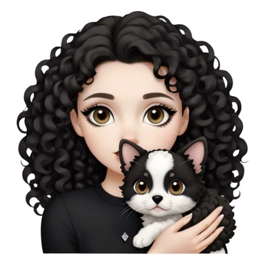 Girl holding a black and white small jackapoo puppy. Girl is pretty, has dark brown eyes. Full soft lips. sharp cat eye line. Dark brown big curls. Long hair. Pale. Dog had black ears, black circles around eyes, dog has white mouth and head sticker