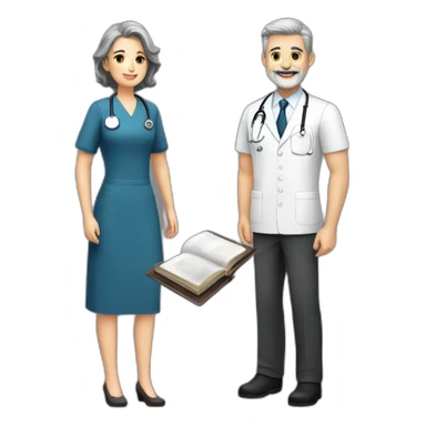 husband classy caucasian 55 dark gray hair trimmed beard executive holding bible, with wife asian age 55 dark hair nurse uniform, no children sticker