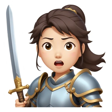 Cinematic Funny Mulan Portrait Emoji, Wearing her training armor too big, looking surprised as a sword nearly topples her over, a mix of warrior determination and hilarious inexperience, a comical yet endearing moment in her transformation! sticker