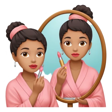 Mixed-race woman with caramel skin, wearing a pastel pink spa wrap, applying lipstick in front of a mirror sticker