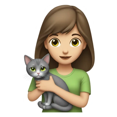girl with brown hair and green eyes with a grey cat in her hands sticker