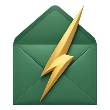 3D minimal envelope icon with small lightning bolt accent, matte finish, deep green (#0B3D2C), gold (#C9B037) lightning, Apple style, ultra minimal, soft shadow, transparent background sticker