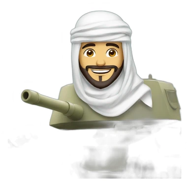 prince from Saudi Arabia with a beard in a white  shemagh national headdress riding  on a tank, smiling sticker