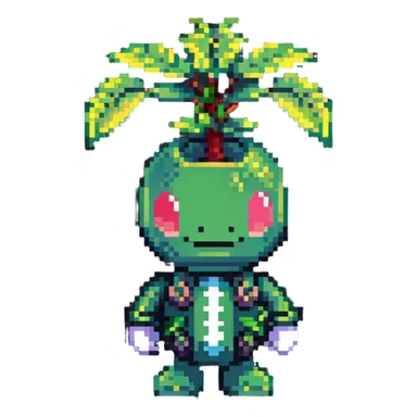 Green bomberman character, nature themed design, plant-like antenna, friendly expression, cute pixel art style sticker
