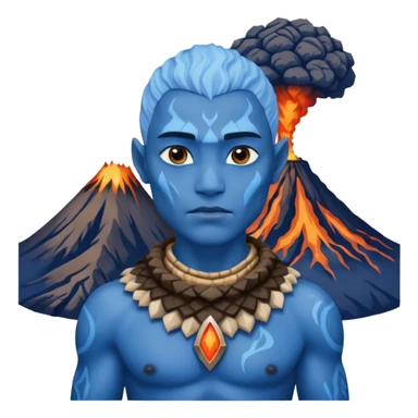 a Avatar blue skin wearing ancient animal skin cloth with volcano behind, half body, icon sticker