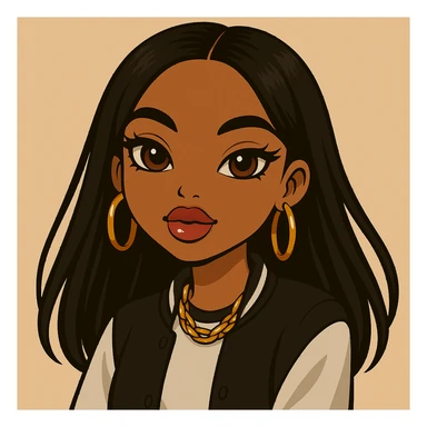 Change her expression to dreamy, headshot only, 20-year-old anime Bratz style woman with dark skin, straight hair, more casual outfit, big expressive eyes, glossy lips, no hat, no tears, looking straight ahead. The style should reflect anime Bratz aesthetics with emphasis on big expressive eyes and glossy lips. sticker