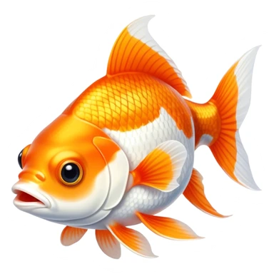 Cinematic Noble Orange and White Goldfish Portrait Emoji, Poised and regal, with a sleek, streamlined build and a vibrant body featuring a harmonious blend of orange and white hues, deep-set soulful golden eyes, Simplified yet sharp and sophisticated features, highly detailed, glowing with a soft, dignified glow, high shine, intelligent and graceful, stylized with an air of aquatic artistry, focused and attentive, soft glowing outline, capturing the essence of a watchful and confident aquatic companion, so majestic it feels as though it could glide out of the screen with effortless authority! sticker