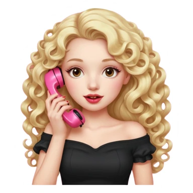 exaggerated features of woman with curly long blond hair, gossiping on a pink analogue phone, holding a tea cup, wearing an off-shoulder black top, red face sticker