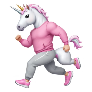 friendly anthropomorphised male white unicorn with a fit, chunky, muscular and strong physique, white arms and legs, wearing grey tracksuit pants and pink jumper, sunglasses, walking quickly sticker