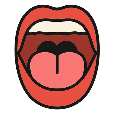 Schematic open mouth with visible tongue, symbolizing speech articulation and sound practice. Vector style, clean and sharp lines. Include realistic shadows and light reflections for depth. Minimalistic, educational design. Transparent background. High contrast between tongue, teeth, and lips for clarity. Flat illustration with soft shading, suitable for speech therapy materials sticker