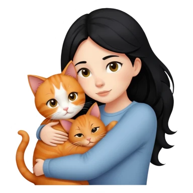 A black-haired girl hugs a ginger cat and A black cat sticker