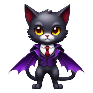 Cute-Evil-Vampiric-Batty-Cat-Black-Purple-Red-Yellow-Contrast-Colors-Fantasy-Fur-Sona-Chibi-Shiny-Fakémon-Hybrid with horns and big fangs neck bow white tie leg spats full body sticker