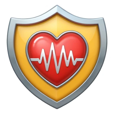 Health monitoring icon, heart inside shield, signal waves, emoji style, modern clinic branding sticker