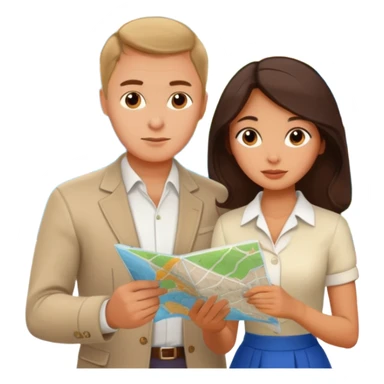 Russian man and elegant Latina girl in cute outfits with a map planning plants sticker
