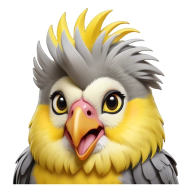 Cinematic Comical Cockatiel Portrait Emoji, Head tilted dramatically with an exaggeratedly amused expression, featuring a striking grey fur with bold yellow accents and a flamboyant crest, wide, expressive dark eyes filled with playful disbelief, Simplified yet hilariously expressive features, highly detailed, glowing with a slightly sassy glow, high shine, dramatic yet playful, stylized with an air of cheeky mischief, bright and endearing, soft glowing outline, capturing the essence of a spirited and over-the-top cockatiel, so meme-worthy it feels like it could side-eye its way into internet fame instantly! sticker