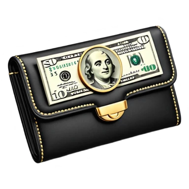Rich emoji style black leather wallet with dollar bills, luxury money vibe, premium 3D emoji, ultra clean, high detail, no background sticker
