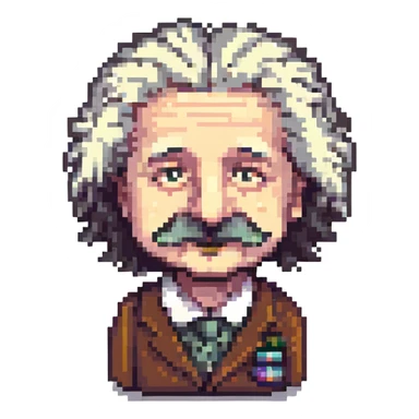 pixel art of Albert Einstein with recognizable wild hair, mustache, and thoughtful expression sticker