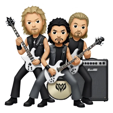 Icon for Metal Music: Metallica band members detailed in their signature look. James Hetfield with guitar, Lars Ulrich on drums, Kirk Hammett with his electric guitar, and Robert Trujillo playing bass. Bold, energetic style with musical notes, all in a heavy metal aesthetic. Transparent background. sticker