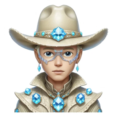 Portrait of a crystalline alien cowboy, face made of sharp translucent crystal structures, light refracting through edges, elegant cowboy hat carved from alien mineral, dramatic rim lighting, ultra detailed fantasy sci-fi portrait
 sticker