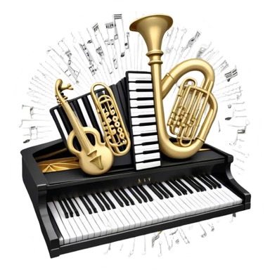 Create an elegant and festive emoji collage representing keyboard instruments, styled like a heraldic emblem. The design should feature a central focal point of black and white piano keys, arranged in a semi-circular or shield-like shape. Around the piano keys, add intertwining musical notes that form flowing ribbons, creating a dynamic and celebratory atmosphere. The design should be professional, with polished silver and gold accents on the keys and notes, highlighting the luxury and sophistication of the instruments. Add subtle shading and lighting effects to give the design a refined, 3D appearance. The background should remain transparent, and the overall feel should evoke grandeur, artistry, and a sense of celebration. sticker