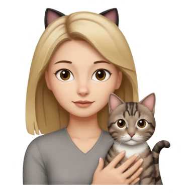 Une femme avec les cheveux dégradée, brun et blond, qui fait un câlin à son chat gris, tigré avec les extrémités que pattes et pointe d’oreilles noires et le dessous du menton blanc sticker