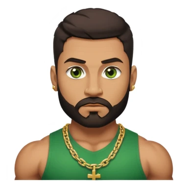 green eyes, dark short hair, muscular shoulders, wide cross, gold chain, big lips big nose big eyes, masculine good looking, dark beard, muscular strong looking sticker
