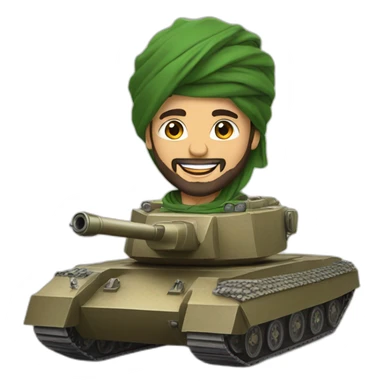 a prince from Saudi Arabia with a beard in a national headdress riding  on a tank, smiling  sticker